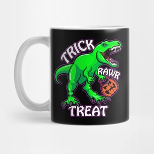 Trick Rawr Treat T Rex Dinosaur with Pumpkin Funny Halloween Cartoon Mug